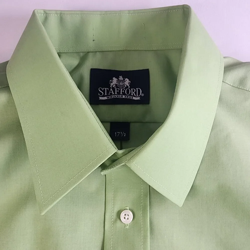 Mens Stafford Performance Lime Green Button Up dress shirt 17 1/2 XL S/S Fun - Picture 4 of 9